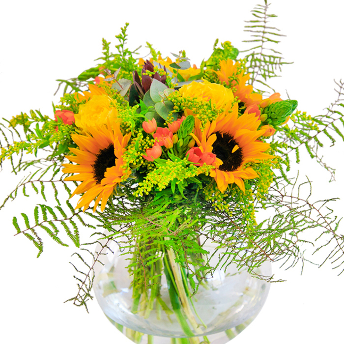 First impressions of this standout bouquet evoke images of Swiss Cottage's golden afternoons-a symphony of spirited yellow sunflowers and garden roses bursting with vitality. Each sunflower radiates outward in rich, saturate tones, their textured chocolate centers highlighted by the gentle light reflecting off nearby Belsize Park terraces. The garden roses echo this exuberance, their petals tumbling open in intricate, buttery swirls. Deep green foliage and wispy, almost weightless ferns spill outward, imparting a sense of movement akin to a walk through the shaded corners of Primrose Hill. Scarlet Hypericum berries dot the arrangement, shining like polished stones found in the local markets. The clear glass, globe-like vase at the base showcases the interlaced stems in the water, magnifying their natural lines and giving a window into the bouquet's architecture. Every detail-down to the pale goldenrod sprigs and cool eucalyptus leaves-is chosen to create a tactile interplay of textures: velvet flowers, crisp greens, gleaming berries. The bouquet's subtle perfume gently fills the air, conjuring memories of open fields and late summer fêtes in Swiss Cottage. This arrangement, carefully crafted by skilled local florists, is perfect for commemorating milestones-anniversaries, birthdays, or family gatherings-by weaving together the energy and harmony of NW3's community spirit.